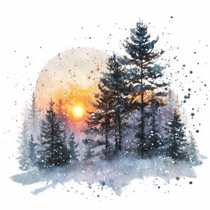 May include: Watercolor painting of a winter forest scene at sunset. Tall evergreen trees are silhouetted against a bright orange and yellow sun. The scene includes falling snow and a soft, diffused light, creating a serene and natural landscape.