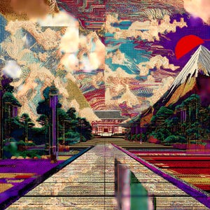 Futuristic Cityscape Abstract Art Bundle, Neon Geometric Skyline with Clouds and Mountains, Digital Sci-Fi Landscape Printable Wall Art