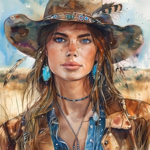 Boho Western Cowgirl Porträt Clipart Set, Cowgirl Aquarell Illustrationen, rustikale Cowgirl Modekunst, Boho Cowboyhut PNG JPG Bundle