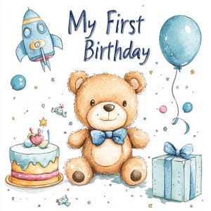 My First Birthday Teddy Bear Clipart Bundle – Blue Baby Bear, Cake, Balloons and Gifts – Cute Watercolor Clip Art for Boys Birthday Party