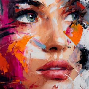 May include: Abstract oil painting of a woman's face with striking features. The artwork uses bold brushstrokes and a vibrant color palette, including shades of orange, pink, and blue. The woman's eyes are a captivating green.