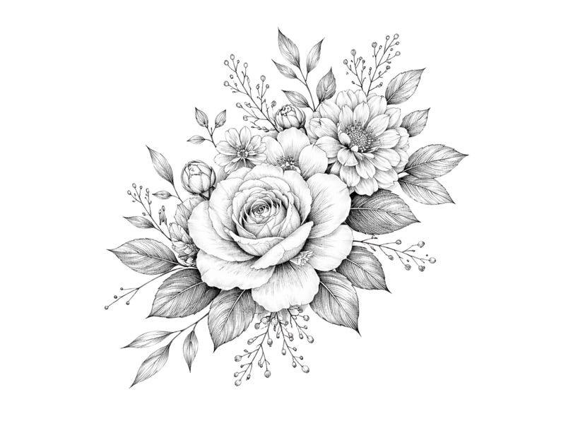 Botanical Floral Line Art Bouquets: Elegant Black White Wedding ...