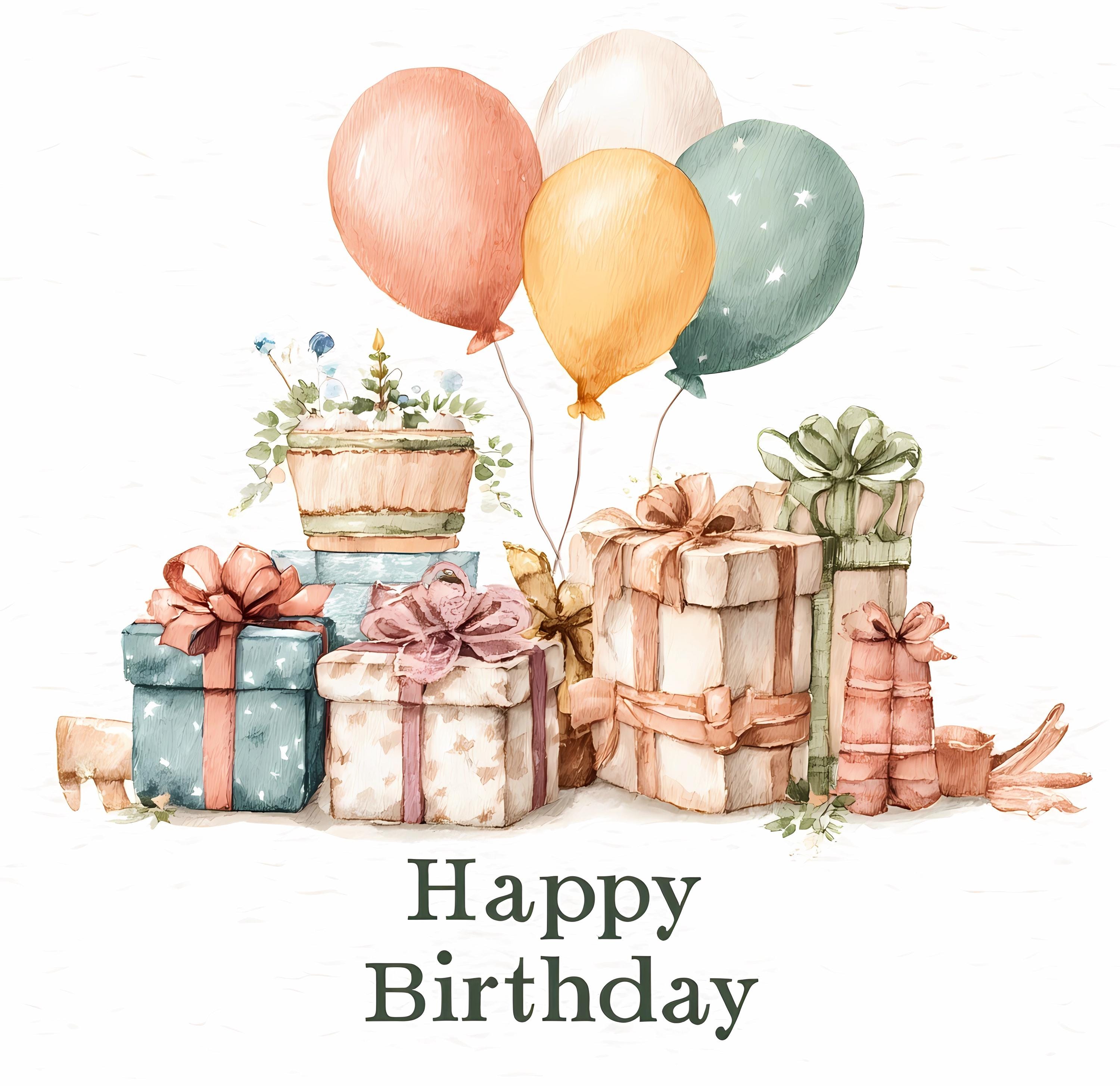 Watercolor Birthday Clipart Bundle: Pastel Balloons, Cakes, Gifts ...