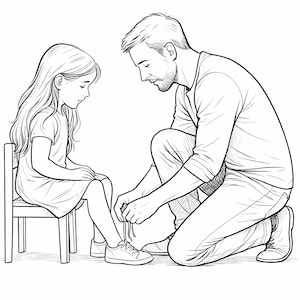 Página para colorear de padre atando el zapato de su hija, dibujo lineal de padre e hija, hoja para colorear de padre e hija, amor familiar imprimible (JPG/PNG)
