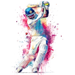 Puede incluir: Ilustración en acuarela de un jugador de críquet en acción, balanceando un bate. El jugador lleva un casco azul, uniforme blanco y equipo de protección. Una pelota roja está en el aire, con salpicaduras de pintura coloridas en el fondo.