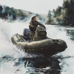 Militärisches Kampfboot-Aquarell-Clipart-Bundle, Armee-Soldat Schlauchboot PNG JPG, Frau-Soldatin-Boot-Aktionsillustration, Schnellboot