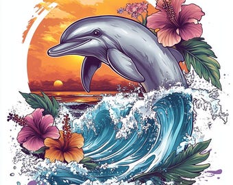 Pacote de imagens de golfinhos ao pôr do sol – Flores tropicais e ondas, PNG e JPG, 956