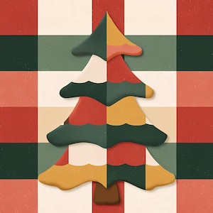 May include: A stylized Christmas tree illustration with a textured appearance. The tree is composed of various colors, including green, red, yellow, and white, arranged in a geometric pattern. The background features a plaid design in matching colors.