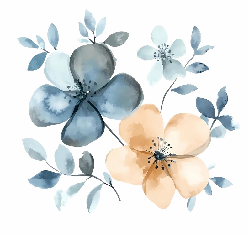 Blue Watercolor Floral Clipart Bundle: PNG & JPG, Botanical Art ...