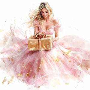 Elegante Frau in Rosa Kleid mit Geschenk Box Clipart - 9 Romantische Aquarell Illustration für DIY Projekte, Geburtstag Dekor, Feminine Kunst