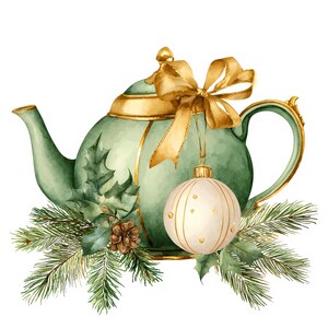 Jultekanna i akvarell Clipart: Julkonst, PNG JPG digital nedladdning