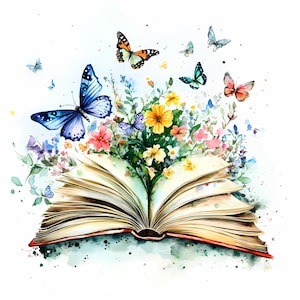 7 Buch mit Wildblumen Png, Nur noch ein Kapitel PNG Digitaler Download, Buch mit Blumen PNGs Gemütliches Lese Png, Blumen Schmetterling Buch PNGs