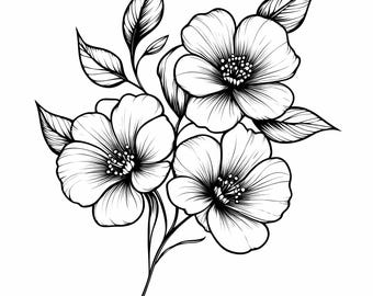 Clipart de arte lineal floral: tallos de flores, blanco y negro (PNG JPG)