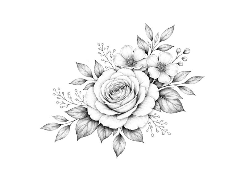 Botanical Floral Line Art Bouquets: Elegant Black White Wedding ...
