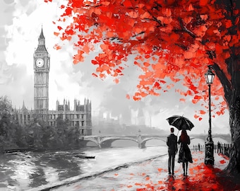 London Couple Clipart, Romantic Scene, Big Ben, Watercolor PNG Bundle (Digital Download)