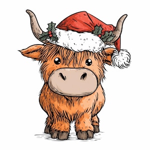 Festive Highland Cow Christmas Wall Art Print – Cute Scottish Cow with Santa Hat Watercolor Illustration – Farmhouse Holiday Decor Download
