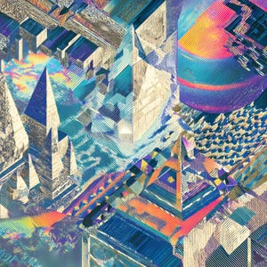 May include: Abstract digital art with geometric shapes and a vibrant color palette. The artwork features pyramids, cubes, and a sphere, with a mix of blues, oranges, and purples. The style incorporates textured lines and a holographic effect.