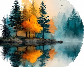 Landscape Wall Art Bundle Set of 15, Foggy Pine Tree Watercolor Prints