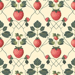 Playful strawberry background design displaying evenly spaced berries and leaves in a seamless composition, offering a cute and friendly summer fruit aesthetic suitable for children decor, fabric prints, surface pattern projects, wrapping paper, greeting cards, creative branding visuals, packaging art, and decorative home accessories.