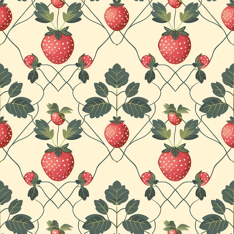 Playful strawberry background design displaying evenly spaced berries and leaves in a seamless composition, offering a cute and friendly summer fruit aesthetic suitable for children decor, fabric prints, surface pattern projects, wrapping paper, greeting cards, creative branding visuals, packaging art, and decorative home accessories.