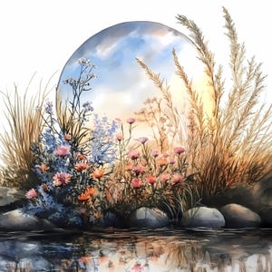 Paisaje floral redondo en acuarela con sendero, río y flores silvestres, impresiones circulares con reflejos de la naturaleza para arte mural DIY (JPG/PNG)
