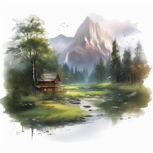 8 set di clipart di paesaggi fluviali, pittura ad acquerello di paesaggi naturali all'aperto, illustrazione della natura fluviale, bundle di clipart di campagna Png Jpg
