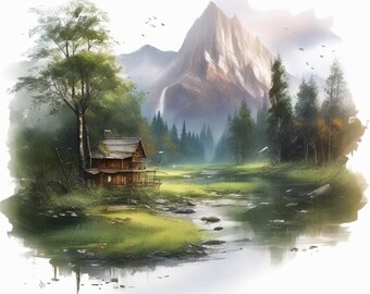 Watercolor River Landscape Clipart Set: Natural Scenery (PNG, JPG)