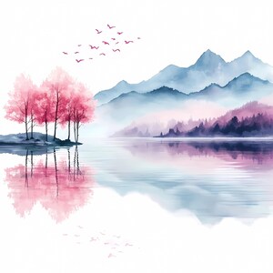 Paisaje romántico imprimible de lago y montaña con flores de cerezo rosa, estilo japonés, paquete PNG JPG de lago con flores de cerezo