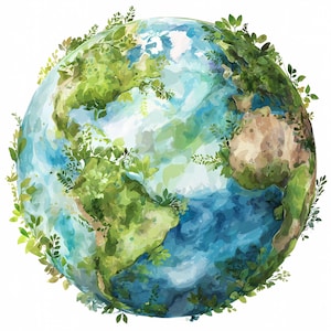 Globo terráqueo del Día de la Tierra en acuarela con hojas verdes, ilustración del planeta Tierra ecológico (PNG/JPG) para impresiones artísticas ecológicas.