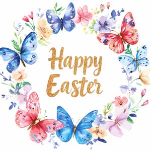 イースターの花のクリップアート、水彩画のイースターエッグ、イースターの花の PNG、イースターバスケット、蝶の付いたイースターリースのクリップアート、商用ライセンス
