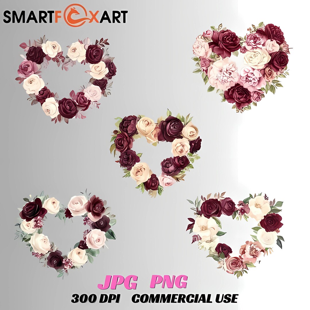 Watercolor Rose Heart Wreath Clipart: Burgundy Floral PNG Bundle ...