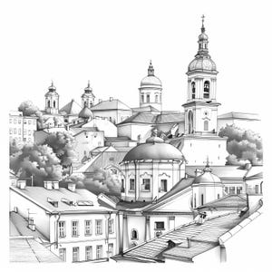 May include: Black and white illustration of a cityscape featuring multiple buildings with domed roofs and bell towers. The image showcases a detailed architectural drawing of a European town, with various rooftops and trees.