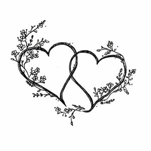 Könnte beinhalten: Schwarz-weiße Illustration von zwei ineinander verschlungenen Herzen, die Liebe und Verbundenheit symbolisieren. Zarte Blumenranken mit kleinen Blüten umgeben die Herzen und verleihen dem Design einen Hauch von Natur. Das Kunstwerk ist vor einem sauberen weißen Hintergrund platziert.