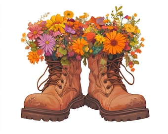 Watercolor Floral Boots Clipart: Vintage Farmhouse PNG Set (Digital Download)