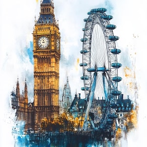 8 Watercolor London England Clipart, Travel Destination Clipart, Scrapbook Graphics, London Wall Art, English City Clipart, London Eye PNG