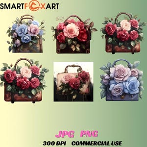 Lot de 10 oeuvres d'art florales pour sac à main rose romantique, roses vintage dans un sac à main, clipart élégant Rose Bloom, décoration murale Cottagecore, idée cadeau féminine