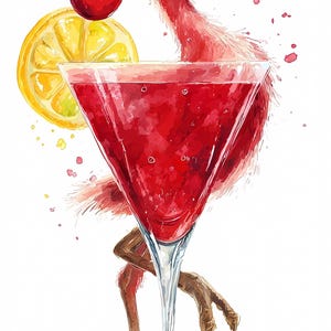 Pacchetto di illustrazioni divertenti di uccelli che sorseggiano cocktail, illustrazioni di uccelli che sorseggiano Martini rosso, decorazioni da parete per cucina e bar in stile retrò, stampabili con acquerelli, in formato PNG e JPG.