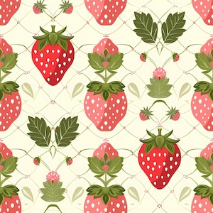 Seamless summer fruit pattern featuring stylized strawberries in a balanced repeating layout, designed to evoke freshness and sweetness, perfect for textile prints, surface design collections, home decor accents, children illustrations, creative paper projects, branding elements, and cheerful seasonal backgrounds.