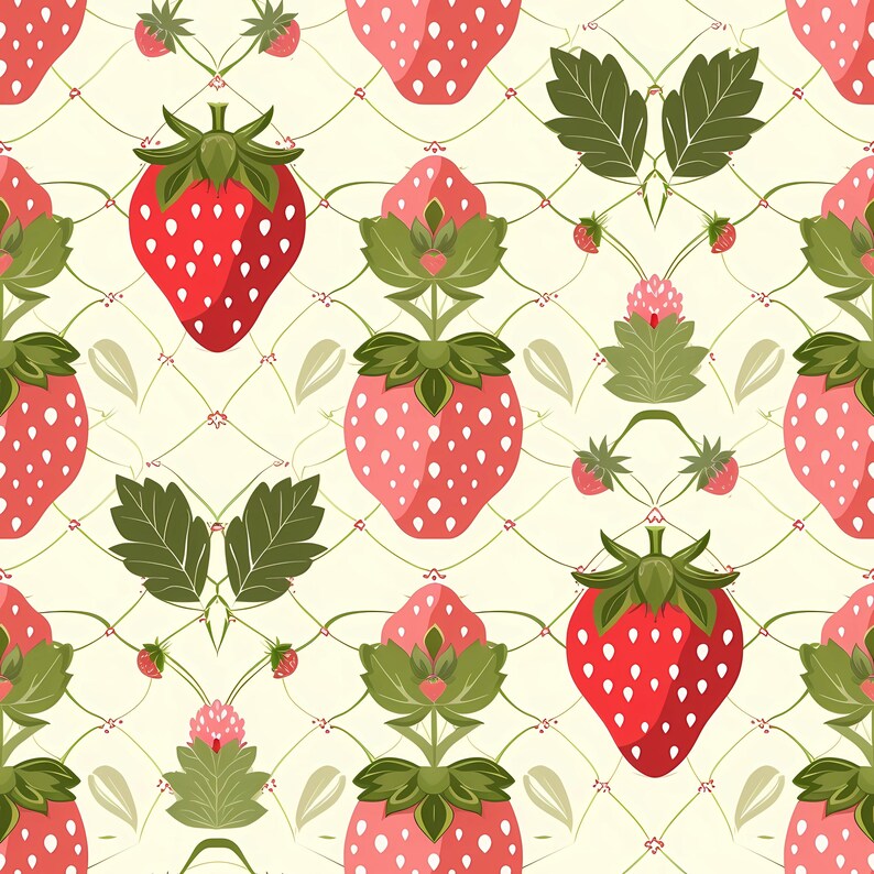 Seamless summer fruit pattern featuring stylized strawberries in a balanced repeating layout, designed to evoke freshness and sweetness, perfect for textile prints, surface design collections, home decor accents, children illustrations, creative paper projects, branding elements, and cheerful seasonal backgrounds.