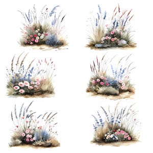 Pacote de clipart de prado de flores silvestres com delphinium azul e papoulas rosa, grama aquarela e grama selvagem floral PNG, botânico rústico JPG