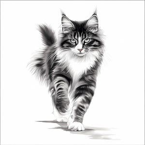May include: A black and white illustration of a Maine Coon cat walking towards the viewer. The cat has a long, bushy tail and a thick coat of fur.