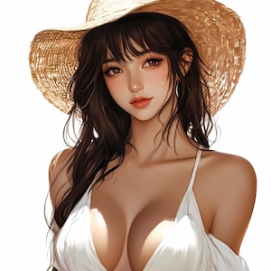 Anime Summer Girl PNG Bundle von 12 - hochauflösende digitale Kunst mit Strohhut und weißer Spitze, digitaler Download Wandkunst, Papiermodell
