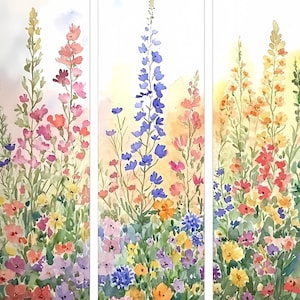 Paquete de trípticos florales para pared, pósteres de flores silvestres en acuarela, impresiones botánicas verticales, arte floral bohemio en tonos pastel, estilo cottagecore, PNG y JPG