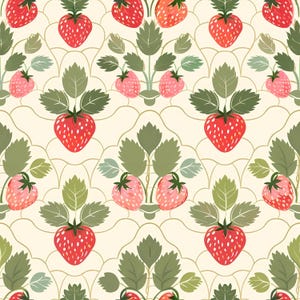 Seamless fruit pattern with illustrated strawberries arranged in a harmonious repeating layout, showcasing warm red tones, green foliage, and soft cream background colors, ideal for kitchen decor elements, wallpaper design, textile patterns, handmade crafts, scrapbook pages, gift products, stationery designs, and cheerful summer inspired visual storytelling.