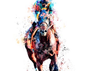 Paquete de arte en acuarela de carreras de caballos, colección de pinturas ecuestres sobre acción de jockey