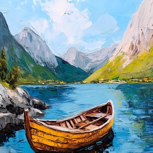 Paisaje de pintura al óleo con barco, montañas, lago, clipart, descarga instantánea, arte de pared PNG de alta calidad, clipart de barco, clipart de lago, papel artesanal