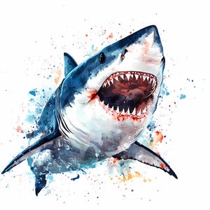 8 Angry Shark Bilder, Weißer Hai Clipart, druckbare Hai Aquarell Clipart, hochwertige PNG, digitaler Download, Papiermodell, Junk Journal