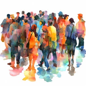 May include: Watercolor painting of a crowd of people, rendered in vibrant hues of orange, blue, yellow, and purple. The figures are depicted from the back and sides, suggesting movement and a sense of anonymity. The style is abstract and impressionistic.