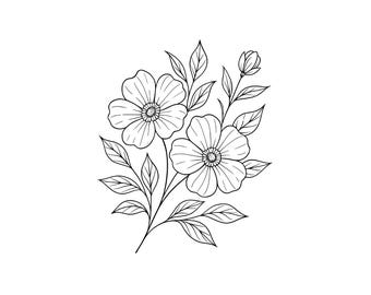 Floral Stem Clipart Bundle, Black and White Flower Line Art (PNG JPG)