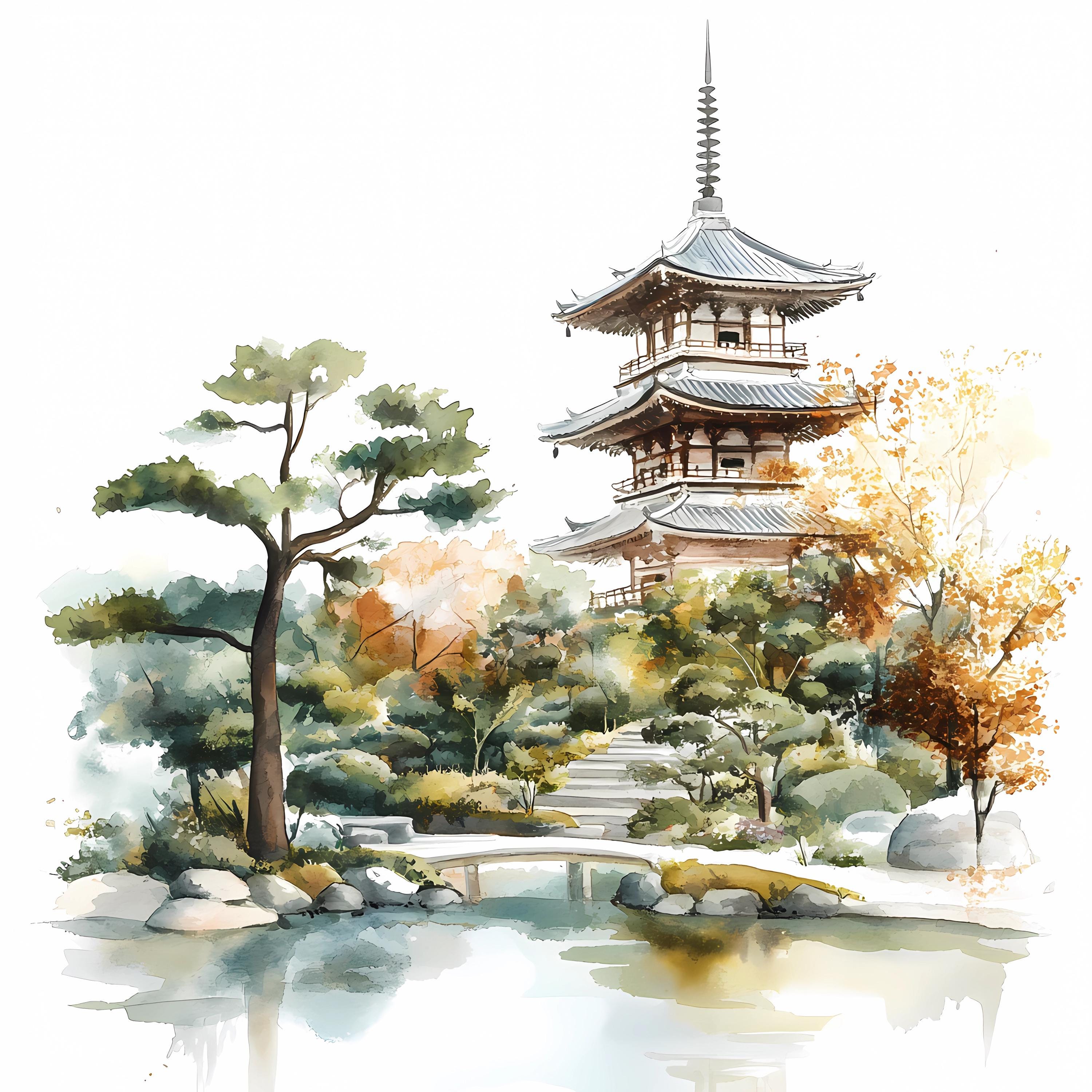 中国の寺院のクリップアート、水彩画の山岳風景 146 - Etsy 日本